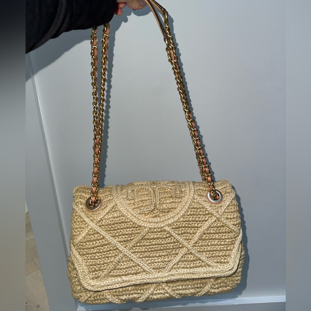 Tory Burch Raffia + Chain Shoulder Bag